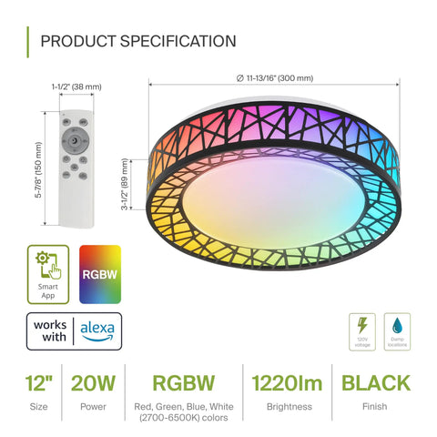 LED Flush Mount Ceiling Light Fixture 16 Inch Black With 28W 1576LM 5 CCT 2700K To 5000K Triac Dimmable with remote and RGBW features