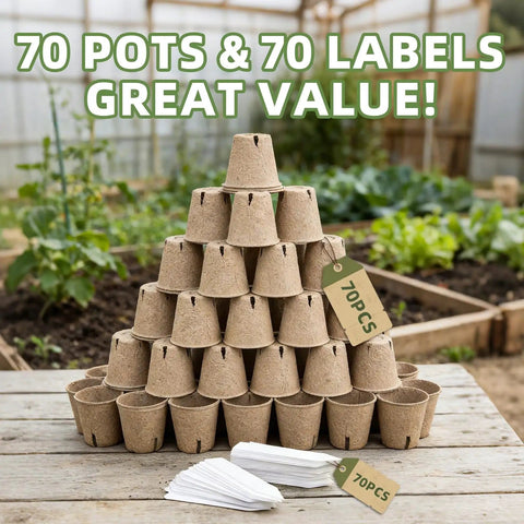 Biodegradable Seed Starter Pots Kit With 70 Plant Labels And 70 Pcs 3.15 Inch Peat Pots With Drainage Holes For Seedlings, Herbs, Vegetables And Flowers, No Transplant Shock Garden Starter Set displayed on a table with garden background.