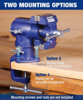 Dual Jaws Table Vise With 2.5 Inch Serrated Jaw And 1.5 Inch Smooth Jaw, 360 Degree Swivel Clamp On Bench Vise, clamp-on installed on bench