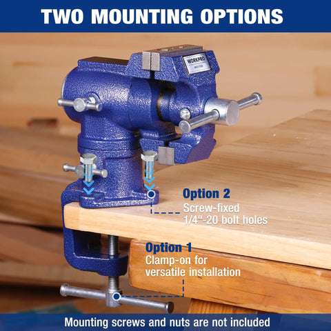 Dual Jaws Table Vise With 2.5 Inch Serrated Jaw And 1.5 Inch Smooth Jaw, 360 Degree Swivel Clamp On Bench Vise, clamp-on installed on bench