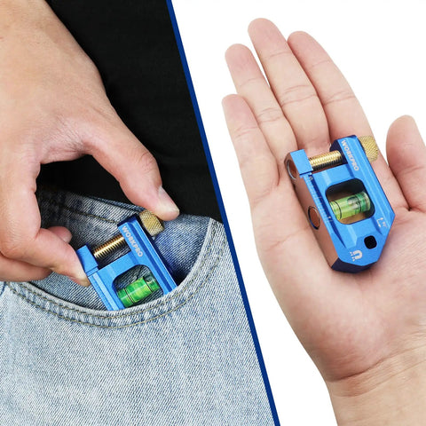 Built Like A Tank 2.5 Inch Magnetic Torpedo Level Featuring Thumb Screw Mount For Conduit Bending, held in hand and pocket.