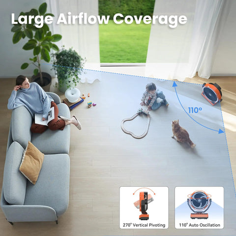 Living room with 20000mAh Battery Powered Camping Fan With Four Speeds, 110 Hours Of Cool On Low, showing airflow coverage