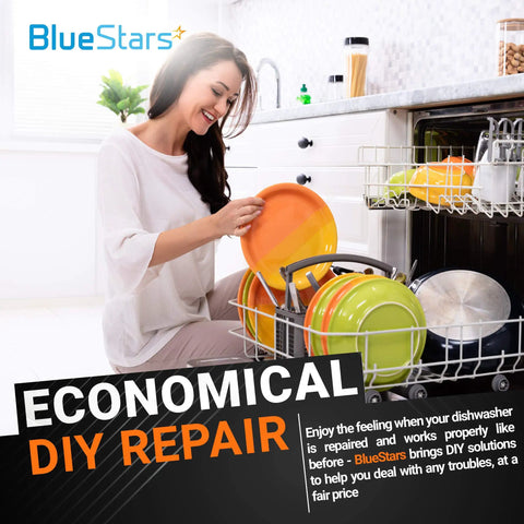 Woman loading dishwasher using Dishwasher Side Mounting Bracket Replacement Kit Including Two Brackets And Four Screws.