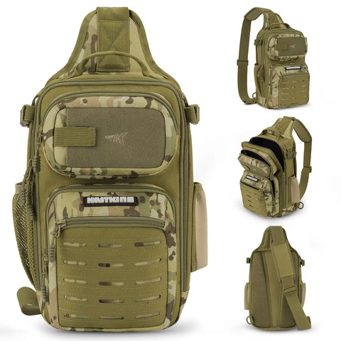 BlowBak Tactical Sling Tackle Bag Lightweight Fishing Backpack in khaki camo, 14x8x6 inch versatile gear organizer for anglers.