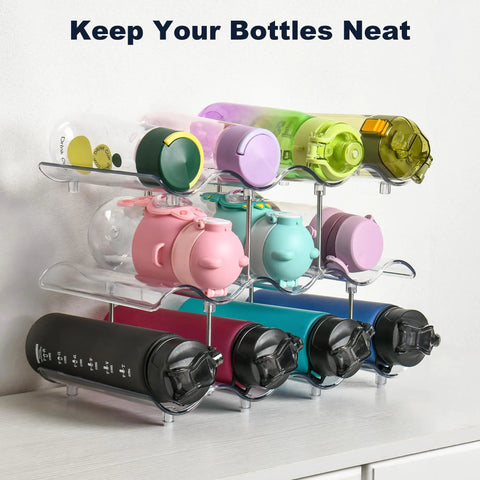 Three Tier Stackable Water Bottle Organizer With Large Compartments, Clear PET Bottle Holder displaying colorful bottles on counter.