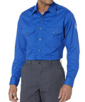 Professional Flame Resistant 7 Oz Cotton Work Shirt Featuring Snap Front Closure, dual chest pockets, in blue for shop use.