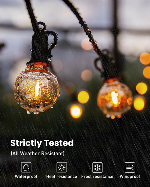 Close-up of Outdoor String Lights 29 Feet G40 LED Patio Lighting Plug In With 13 Plastic Edison Bulbs in rain showing waterproof feature
