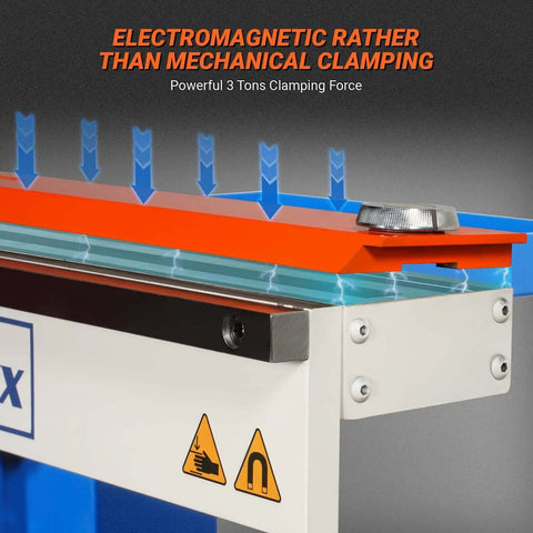 Close-up of 24 Inch Industrial Magnetic Pan And Box Heavy Duty Sheet Metal Brake showing electromagnetic clamping system.