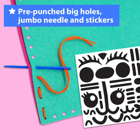 Starter Kids Sewing Kit With 7 Fun DIY Projects Like Stuffed Animal Dolls And Plush Pillows, pre-punched felt and stickers
