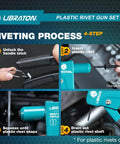 Heavy Duty Steel Plastic Rivet Gun Kit With Ergonomic Anti Slip Handle And Flush Cutter For Nylon Fasteners Auto Trim Do It Yourself Home Repairs One Hand Operation Runs Like Butter No Sweat Easy Pull Design Lightweight At Just Zero Point Eight Pounds steps for using a plastic rivet gun set.