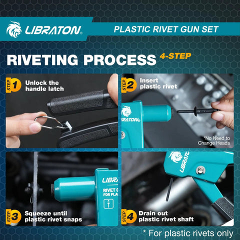 Heavy Duty Steel Plastic Rivet Gun Kit With Ergonomic Anti Slip Handle And Flush Cutter For Nylon Fasteners Auto Trim Do It Yourself Home Repairs One Hand Operation Runs Like Butter No Sweat Easy Pull Design Lightweight At Just Zero Point Eight Pounds steps for using a plastic rivet gun set.