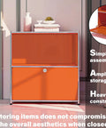 Front view of 32.5-Inch Flip-Top Side Table With Detachable Wheels, Big Storage Space, DIY Corner Bookshelf, Wall Shelf, Cube Organizer, Bright Orange, in a room setting
