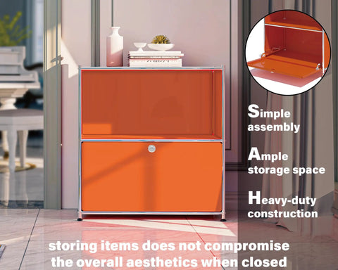 Front view of 32.5-Inch Flip-Top Side Table With Detachable Wheels, Big Storage Space, DIY Corner Bookshelf, Wall Shelf, Cube Organizer, Bright Orange, in a room setting