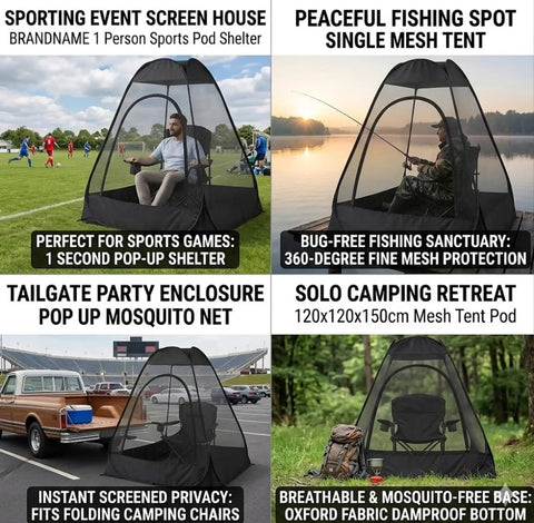 One Person Pop Up Mosquito Net Tent With Mesh Shelter, Instant No Fuss One Second Setup, Single Person Camping Shelter With Oxford Fabric Dampproof Bottom, 120x120x150 cm size, used at outdoor event, fishing spot, and camping site.