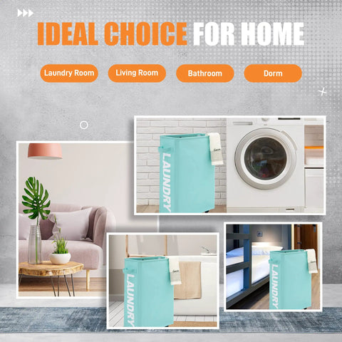 22 Inch Rolling Slim Laundry Basket With Stand On Wheels Foldable Waterproof Hamper Tall Narrow Laundry Organizer Light Blue