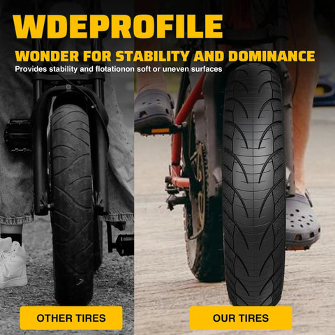Two Pack Fat Tire With Tube For Ebike Mountain Snow Bike Heavy Duty High-Performance Wear-Resistant Tire 16 By 4.0 Inch Black Includes 2 Tubes And 2 Levers, side-by-side comparison of tread design