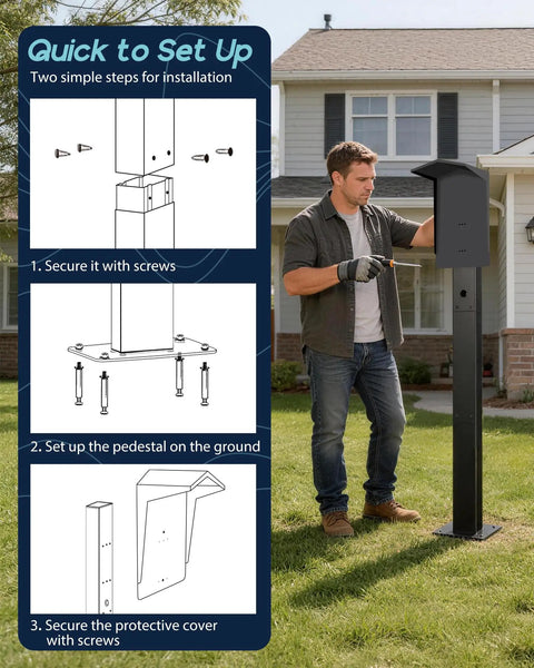 Installation guide for Heavy Duty Outdoor EV Charger Pedestal With Weather Shield Roof For Tesla Wall Connector and J1772 Level 2 Stations.