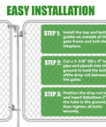 Installation guide for 36 Inch Chain Link Drop Rod Gate Latch For Double Gates Pull Style Fence Gate Lock For 1 3 Eighths Inch Frame Beefy Heavy Duty Floor To Ceiling Latch Metal Gate Hardware Pack with steps for assembly.