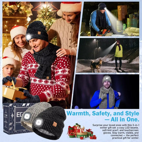 Collage of Lighted Beanie Hat Gloves Scarf Set With Built In USB Rechargeable Headlamp Cap 3 In 1 Warm Cozy Winter Gear For Men Dad Gift Black Mix
