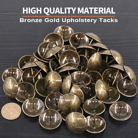 100 Pcs Antique Brass Upholstery Tacks 3/4 Inch Furniture Nails thumb tacks pins assortment kit showing bronze gold tacks.