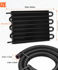 Eight Pass Aluminum Transmission Oil Cooler Kit with 5/16 inch lines showing dimensions and hose