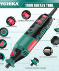 Six Speed Rotary Tool Kit With A 170W Motor, 173 Accessories, Four Attachments, And A Sturdy Case For DIY Crafting And Home Projects From Cutting And Sanding To Polishing, Drilling, And Engraving showing black and green tool with metal collet and TPE grip