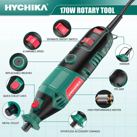 Six Speed Rotary Tool Kit With A 170W Motor, 173 Accessories, Four Attachments, And A Sturdy Case For DIY Crafting And Home Projects From Cutting And Sanding To Polishing, Drilling, And Engraving showing black and green tool with metal collet and TPE grip
