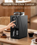 Fully Automatic Programmable Coffee Maker With Built In Grinder And Timer, Hot And Cold Brew Machine For Smooth Iced Americano, 22 Oz Glass Carafe, Compact Black Grind And Brew Morning Fuel with touch controls.