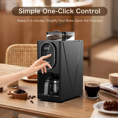 Fully Automatic Programmable Coffee Maker With Built In Grinder And Timer, Hot And Cold Brew Machine For Smooth Iced Americano, 22 Oz Glass Carafe, Compact Black Grind And Brew Morning Fuel with touch controls.