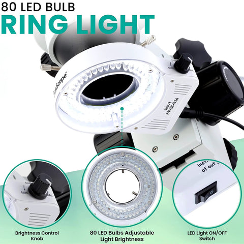 Professional Binocular Stereo Zoom Microscope With Boom Stand, Long Working Distance, Great for Circuit Boards and Dental Appliances, 10X Super Widefield Eyepieces, Adjustable Interpupillary, Clear, Workhorse, 80 LED ring light with brightness knob and on/off switch
