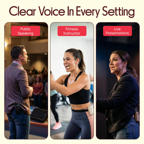 Omnidirectional On Ear Condenser Microphone For Voiceover And Speech With Wired Headset used by various speakers on stage.