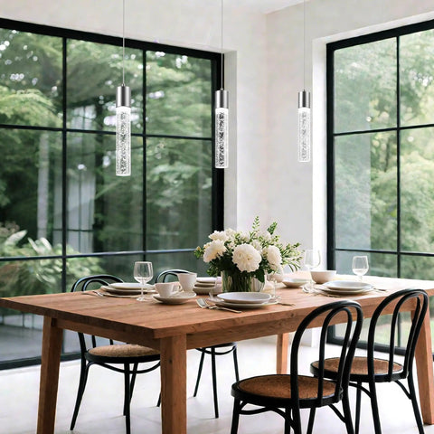 3 Pack Modern Pendant Lights For Kitchen Island With Glittering Crystal Bubbles, 6500K Daylight Brushed Nickel Hanging Fixtures above dining table