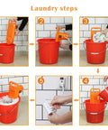 Steps using Portable Mini Washing Machine for Home and Dorm, Compact Semi Automatic Washer with 6.5 Lbs Capacity in a red bucket.