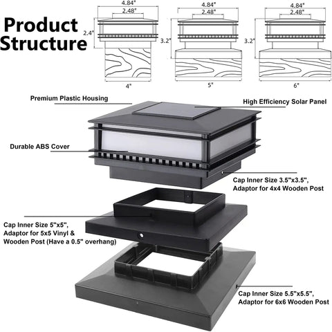 Product structure of 6 Pack Solar Post Cap Lights Outdoor For 4x4 5x5 6x6 Wooden Posts with solar panels and adapters.
