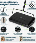 Grab And Go No Sweat Manual Sweeper For Carpets Hardwood And Rugs Triple Brush Pick with integrated comb storage and durable design.