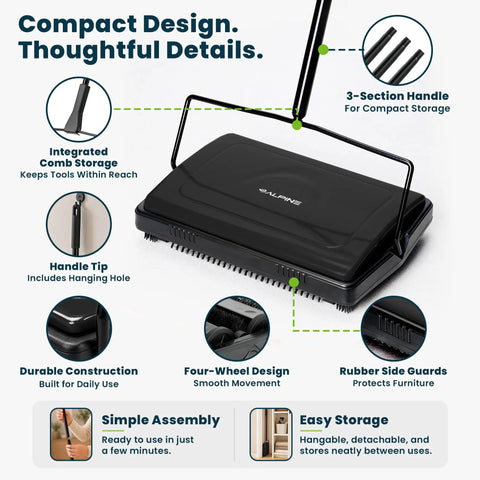 Grab And Go No Sweat Manual Sweeper For Carpets Hardwood And Rugs Triple Brush Pick with integrated comb storage and durable design.
