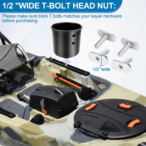 Heavy Duty T Bolts For Kayak Track Rail And T Slot Mount Screw Setup with 1/2 inch wide T-bolt head nut on kayak.