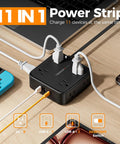All-In-One Surge Protector Power Strip With 900J Surge Protection, 8 AC Outlets Plus USB C and USB A Ports, 5 Ft Flat Plug, 1250W Max, 11 Devices Charging Station, Black on desk