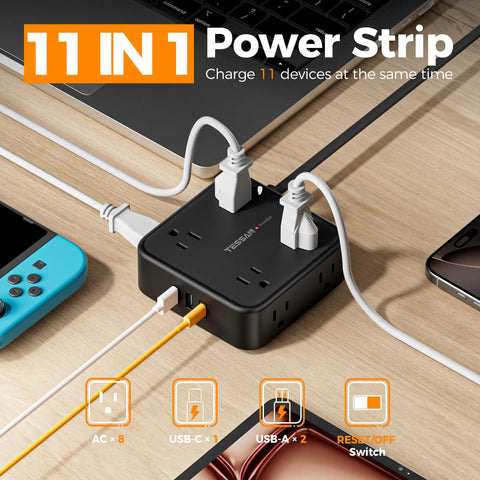 All-In-One Surge Protector Power Strip With 900J Surge Protection, 8 AC Outlets Plus USB C and USB A Ports, 5 Ft Flat Plug, 1250W Max, 11 Devices Charging Station, Black on desk