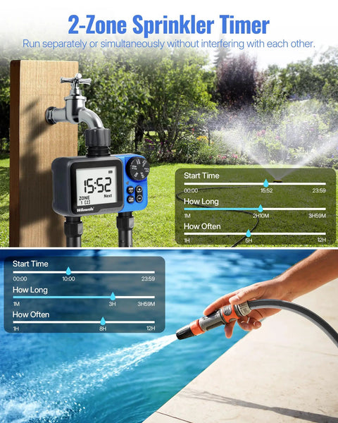 Two Zone Hose Timer With Independent Outlets Rain Delay Manual Watering And Programmable Schedule shown by a faucet