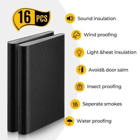 Beat The Chill Snuggly With These Self Stick Door Corner Seal Pads Weatherstripping Tape Kills Drafts Noise And Dust Easy DIY Home Insulation Fix Black White 16 Pack shown with labeled benefits for insulation.