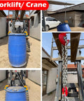 Heavy Duty Chain Drum Lifter For 2 Ton Oil Barrels lifting a blue barrel with a forklift and crane, showing secure grip and chain setup.