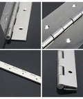 Collage of Tough as Nails Heavy Duty 12 Inch Stainless Steel Piano Hinges 4 Pack with 48 screws showing different angles and details.