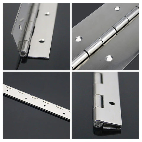 Collage of Tough as Nails Heavy Duty 12 Inch Stainless Steel Piano Hinges 4 Pack with 48 screws showing different angles and details.