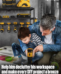 Father and son with Power Tool Organizer Wall Mount With 8 Drill Slots And 3 Layer Heavy Duty Metal Storage in garage.
