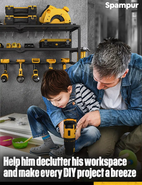 Father and son with Power Tool Organizer Wall Mount With 8 Drill Slots And 3 Layer Heavy Duty Metal Storage in garage.