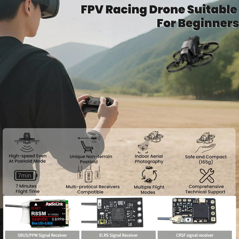 FPV Racing Drone for Beginners with Optical Flow Position Hold, 165g RC Quadcopter with T8S Transmitter, multiple signal receivers
