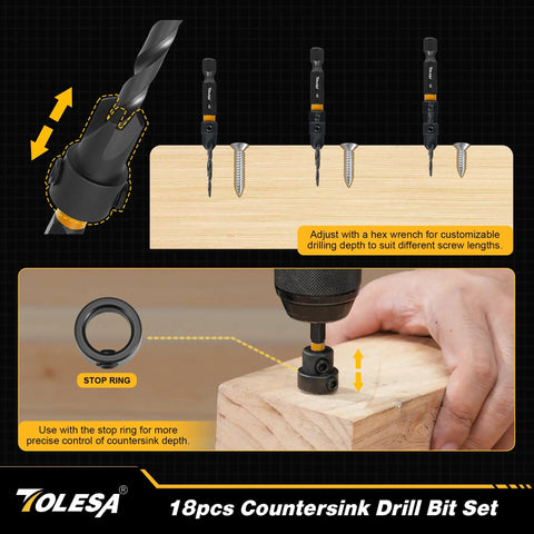 Complete 18-Piece Countersink Drill Bit Set For Wood With Magnetic Extension Bit Holder And Storage Box For DIYers by TOLESA