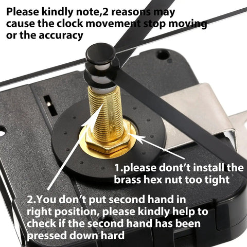 28 Mm Long Shaft Quartz Clock Movement Replacement Kit With Metal Hook for DIY Clock Repair, focus on brass hex nut and hands