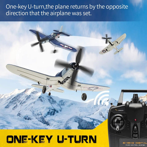 F4U Corsair RC Plane 4 Channel RTF with Xpilot Stabilization performing aerobatic U-turn with controller in snowy landscape